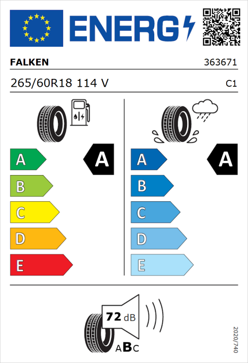 Tyre Label for Falken Azenis FK520 265/60R18 114V